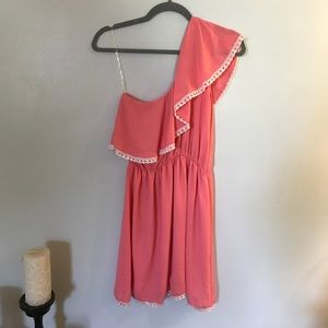 Coral Pink One Shoulder Dress with Lace Trim